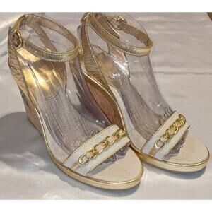 COACH Ellette Floral Painted Cork Wedges Heeled Sandals Ivory Gold Leather Sz 8B